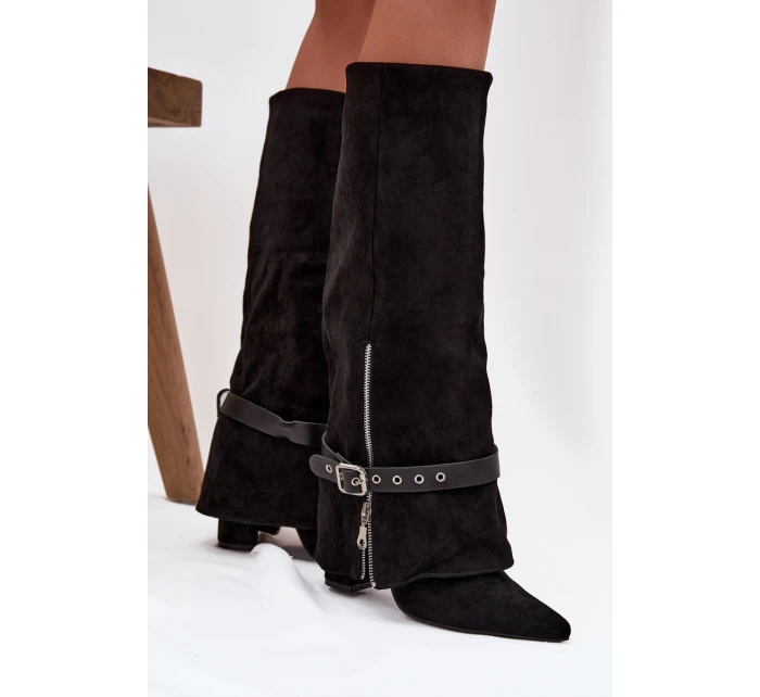 Kozaki Damskie Wsuwane Na Słupku Z Ozdobnym Paskiem Czarne Jolivine Kozaki Damskie Wsuwane Na Słupku Z Ozdobnym Paskiem Czarne Jolivine