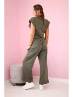 Komplet asymetrická halenka + kalhoty khaki