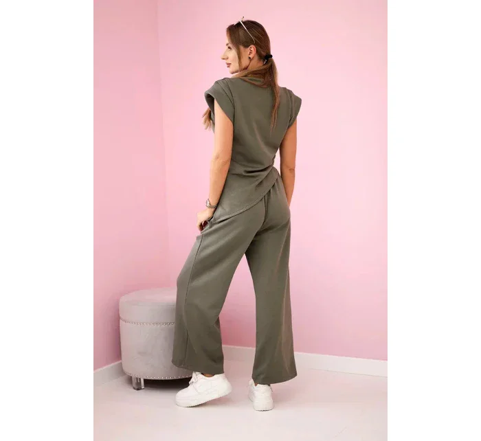 Komplet asymetrická halenka + kalhoty khaki