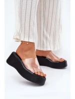 Klapki Damskie Z Transparentnym Paskiem Na Koturnie Czarne Meltiana