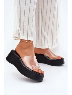 Klapki Damskie Z Transparentnym Paskiem Na Koturnie Czarne Meltiana