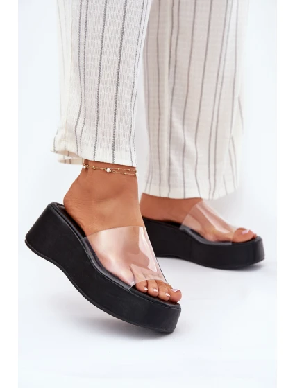 Klapki Damskie Z Transparentnym Paskiem Na Koturnie Czarne Meltiana