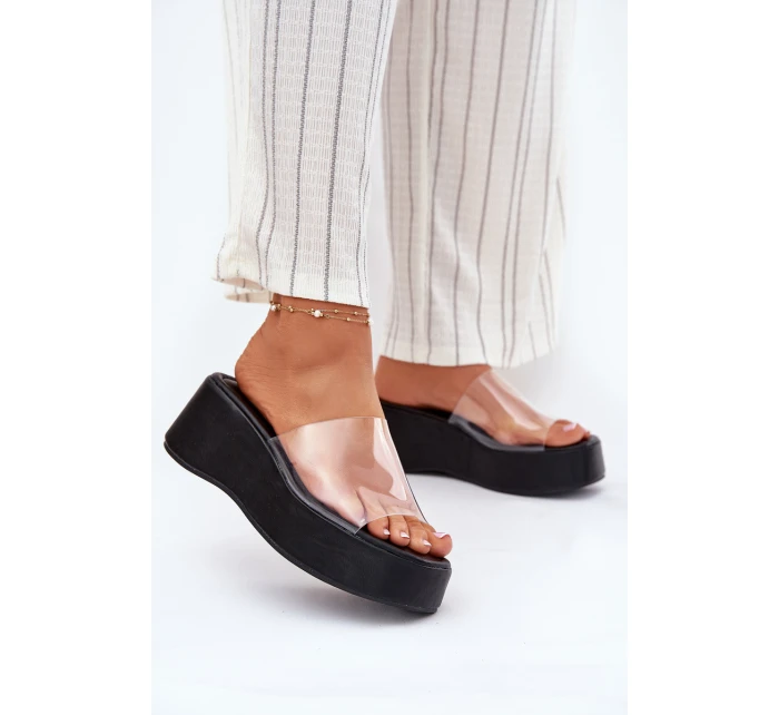 Klapki Damskie Z Transparentnym Paskiem Na Koturnie Czarne Meltiana