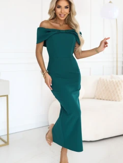 model 21803459 Smyslné španělské šaty midi s mašlí ve výstřihu lahvově zelené - numoco