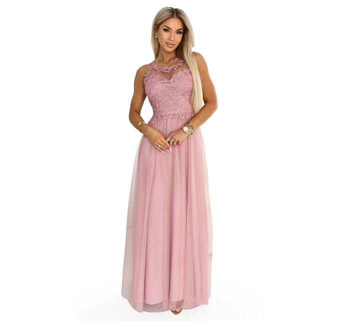 maxi šaty s krajkou a  pudrově růžové model 22122101 - numoco basic