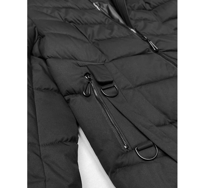 Čierna dámska dlhá bunda s kapucňou (7662#-F06)