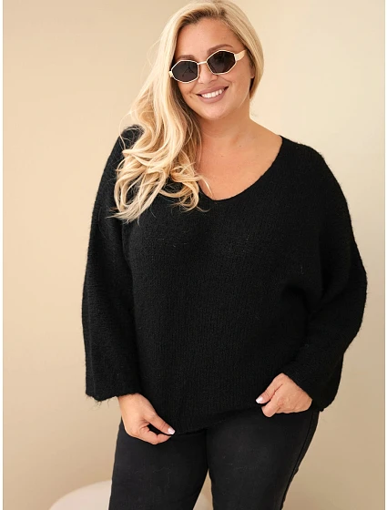 Dámský svetr Plus Size s výstřihem do V a širokým rukávem černý