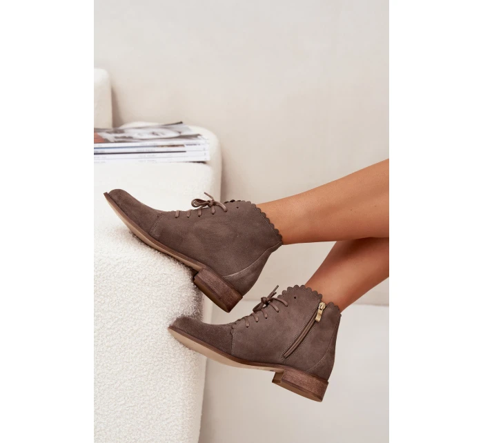 Zazoo 2964 Zamszowe Botki Na Płaskim Obcasie Ciemnobeżowe