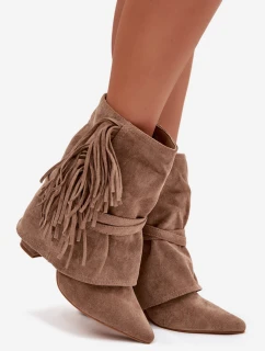 Dámske členkové čižmy s lemovaným podpätkom a zlatými prackami Evelisse - béžové