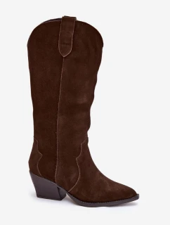 Dámske semišové kožené zateplené kovbojské čižmy Urselle - čokoládové