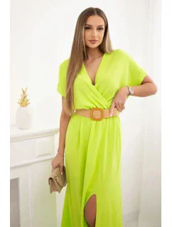 Dlhé šaty s ozdobným pásom neónovo zelenej farby