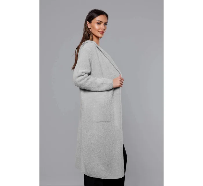 Svetlosivý dlhý vlnený prehoz cez oblečenie typu alpaka s kapucňou (M105-1)