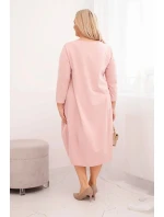 Dámske bavlnené plus veľkosť šaty s otočenými rukávmi a vreckami Powder Pink
