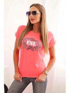 Dámska bavlnená blúzka s ozdobnou potlačou ESL pink neon