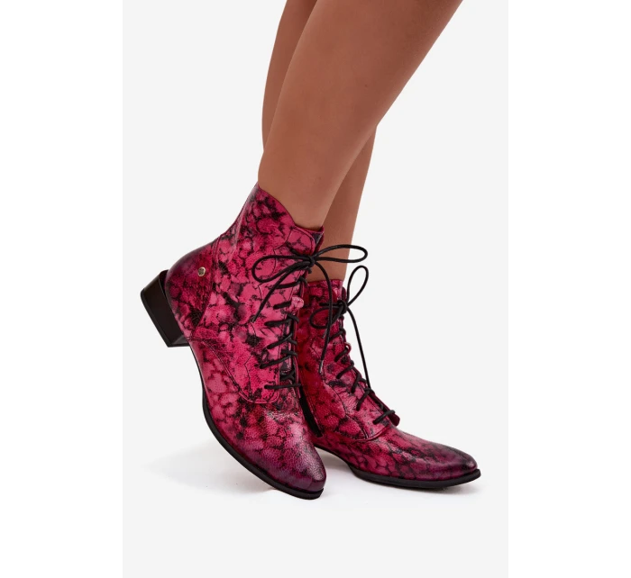 Kožené vzorované kotníkové boty na ploché podrážce model 21714214 Růžové - Maciejka