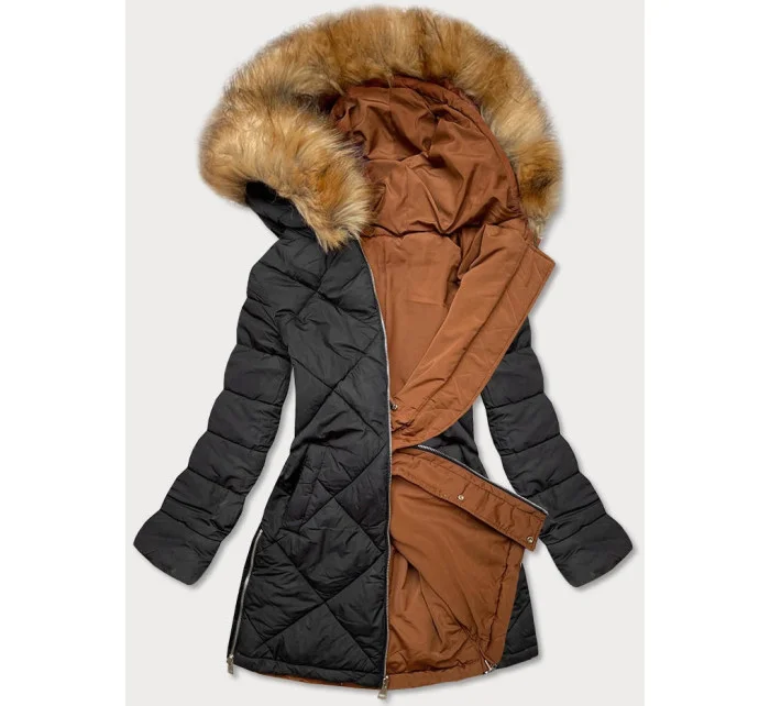 Karamelová čierna obojstranná dámska zimná bunda (m-210a5)
