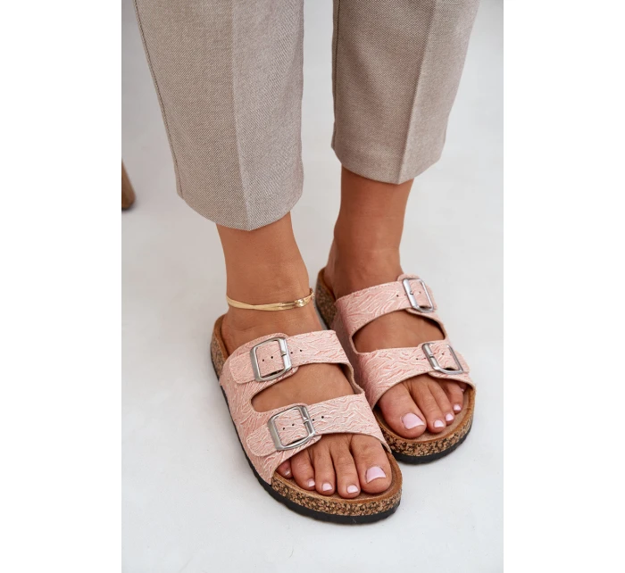 Materiałowe Klapki Na Korkowej Podeszwie Z Klamrami Różowe Atera