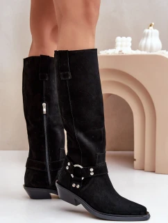 Semišové Kozačky Kovbojky Na Nízkém Podpatku S Dekorací model 21680168 Černé - Zazoo