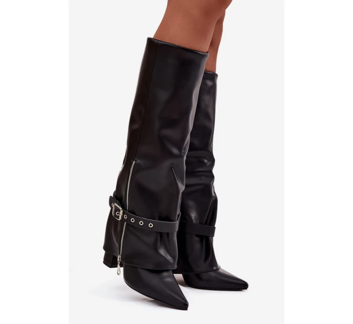 Dámské kozačky na klínku s ozdobným páskem eko kůže černé model 21708879 - Boto