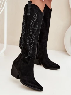 Dámske kovbojské čižmy na podpätku s ozdobou Jovina - čierne