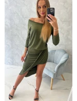 Asymetrické šaty s 3/4 rukávmi v khaki farbe