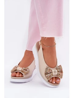 Skórzane Sandały Damskie Na Koturnie Z Kokardą Zazoo 1882 Beżowe