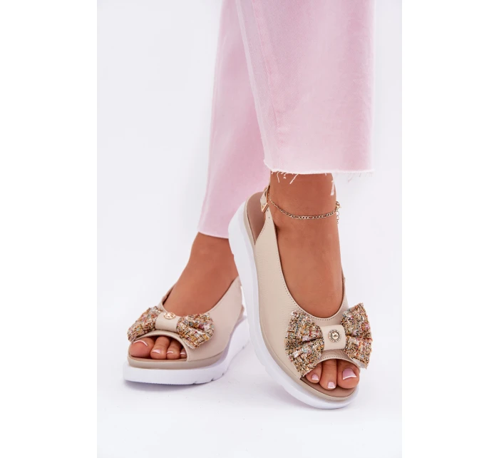 Skórzane Sandały Damskie Na Koturnie Z Kokardą Zazoo 1882 Beżowe