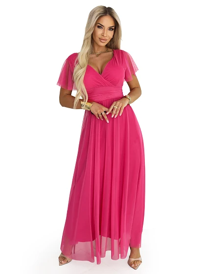 Dlouhé šaty s výstřihem, kosticemi a krátkými rukávy model 21955756 - numoco basic
