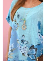 Dámske bavlnené tričko s motýľmi a kvetmi tyrkysové