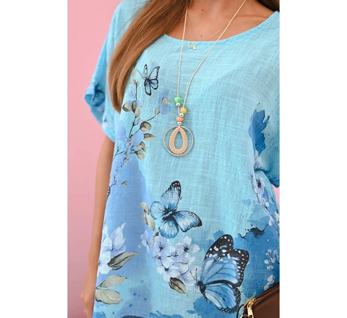 Dámske bavlnené tričko s motýľmi a kvetmi tyrkysové