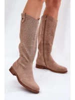 Dámske čižmy na nízkom podpätku s perforovaným vzorom S.Barski - béžové, ekokoža