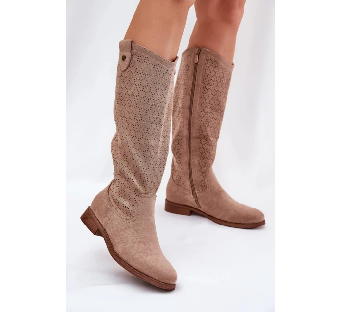 Dámske čižmy na nízkom podpätku s perforovaným vzorom S.Barski - béžové, ekokoža