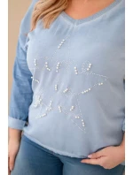 Dámska blúzka s nápisom a korálkami v modrej džínsovej farbe