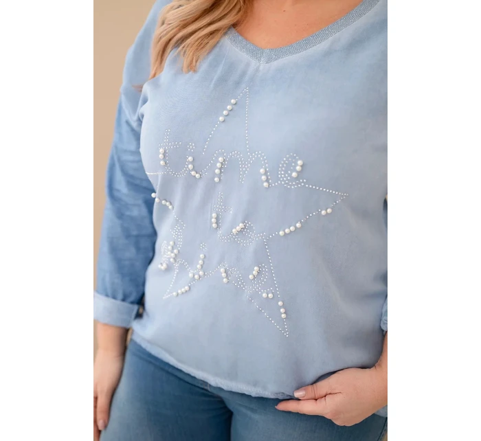 Dámska blúzka s nápisom a korálkami v modrej džínsovej farbe