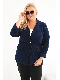 Dámske sako Plus Size z manšestru s klopami a vreckami, modré