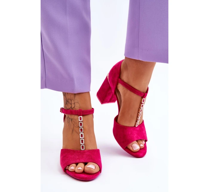 Zamszowe Sandały Na Obcasie Z Cyrkoniami Fuksja Aniya