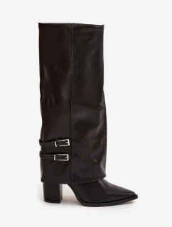 Dámske členkové čižmy Jessae na stĺpikovom podpätku so zahnutou manžetou a prackami - čierne
