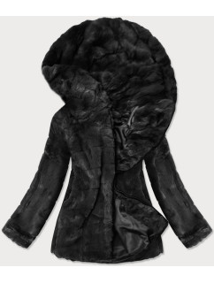 Čierna dámska bunda - kožúšok s kapucňou (BR9742-1)