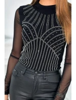 Pletená kombinézová blúzka s tylovými rukávmi čierna Pletená kombinézová blúzka s tylovými rukávmi čierna