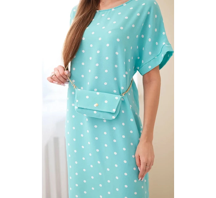 Dámske šaty s bodkami, krátkymi rukávmi a kabelkou mätovej farby
