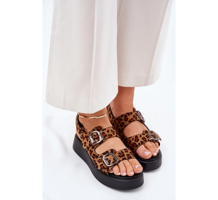Sandały Damskie Na Platformie I Koturnie Z Klamrami Panterka Brązowe Genorre Sandały Damskie Na Platformie I Koturnie Z Klamrami Panterka Brązowe Genorre