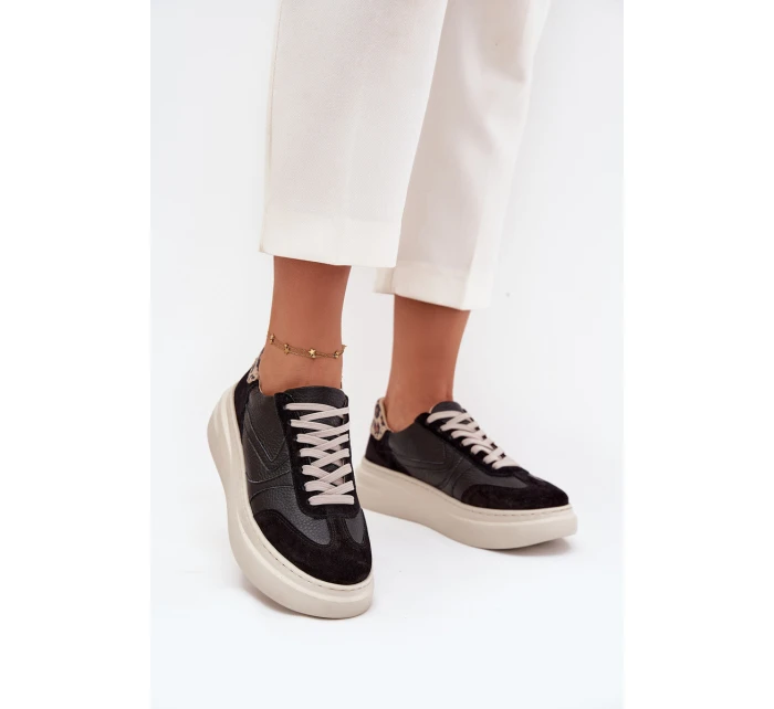 Skórzane Sneakersy Damskie Na Platformie Panterka Zazoo N1263 Czarne