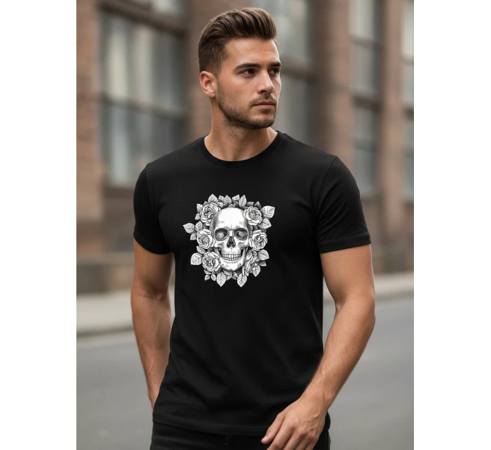Pánske tričko s potlačou lebky a kvetov NX079R