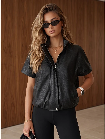 Dámska kožená bunda s krátkymi rukávmi, čierna, FashionStreet TY6063