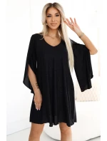 597-1 LIVIA Elegantné trapézové šaty s motýlími rukávmi - čierne s brokátom 597-1 LIVIA Elegantné trapézové šaty s motýlími rukávmi - čierne s brokátom