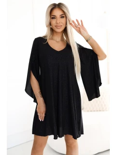 597-1 LIVIA Elegantné trapézové šaty s motýlími rukávmi - čierne s brokátom