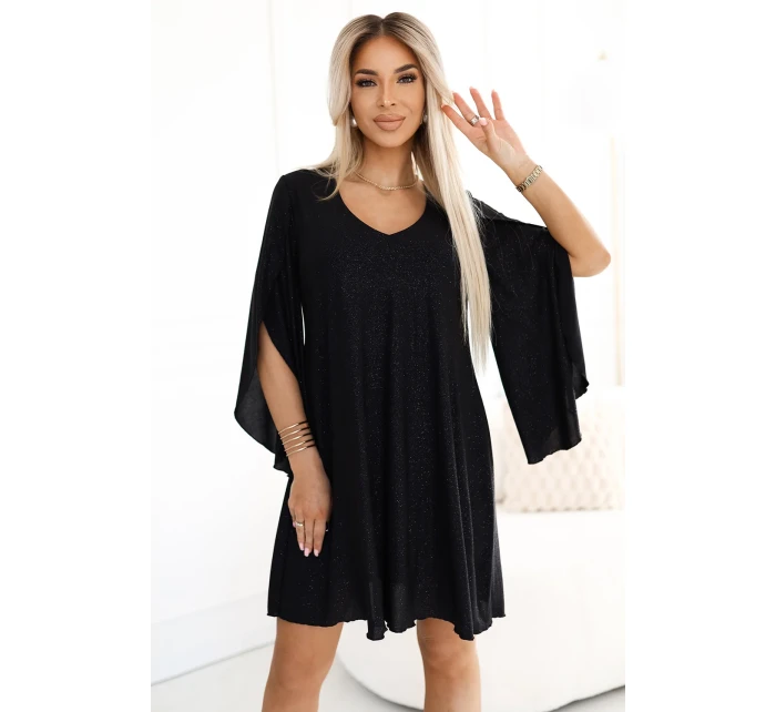 597-1 LIVIA Elegantné trapézové šaty s motýlími rukávmi - čierne s brokátom 597-1 LIVIA Elegantné trapézové šaty s motýlími rukávmi - čierne s brokátom