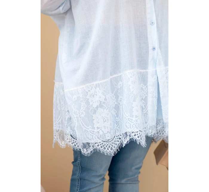 Dámská košile Plus Size bavlněná s krajkovým lemem modrá