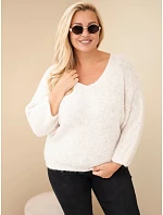 Dámský svetr Plus Size s výstřihem do V a širokým rukávem béžový