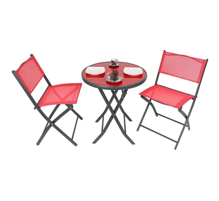 BALKÓNOVÝ NÁBYTOK SADA OKRÚHLY STÔL A 2 SKLADACIE STOLIČKY ČERVENÁ